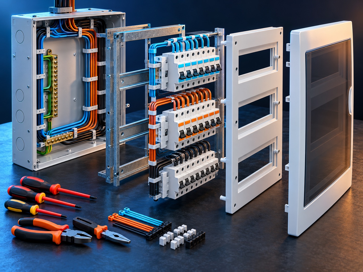 Quadro de distribuição desenergizado apresentado em vista 3D organizada