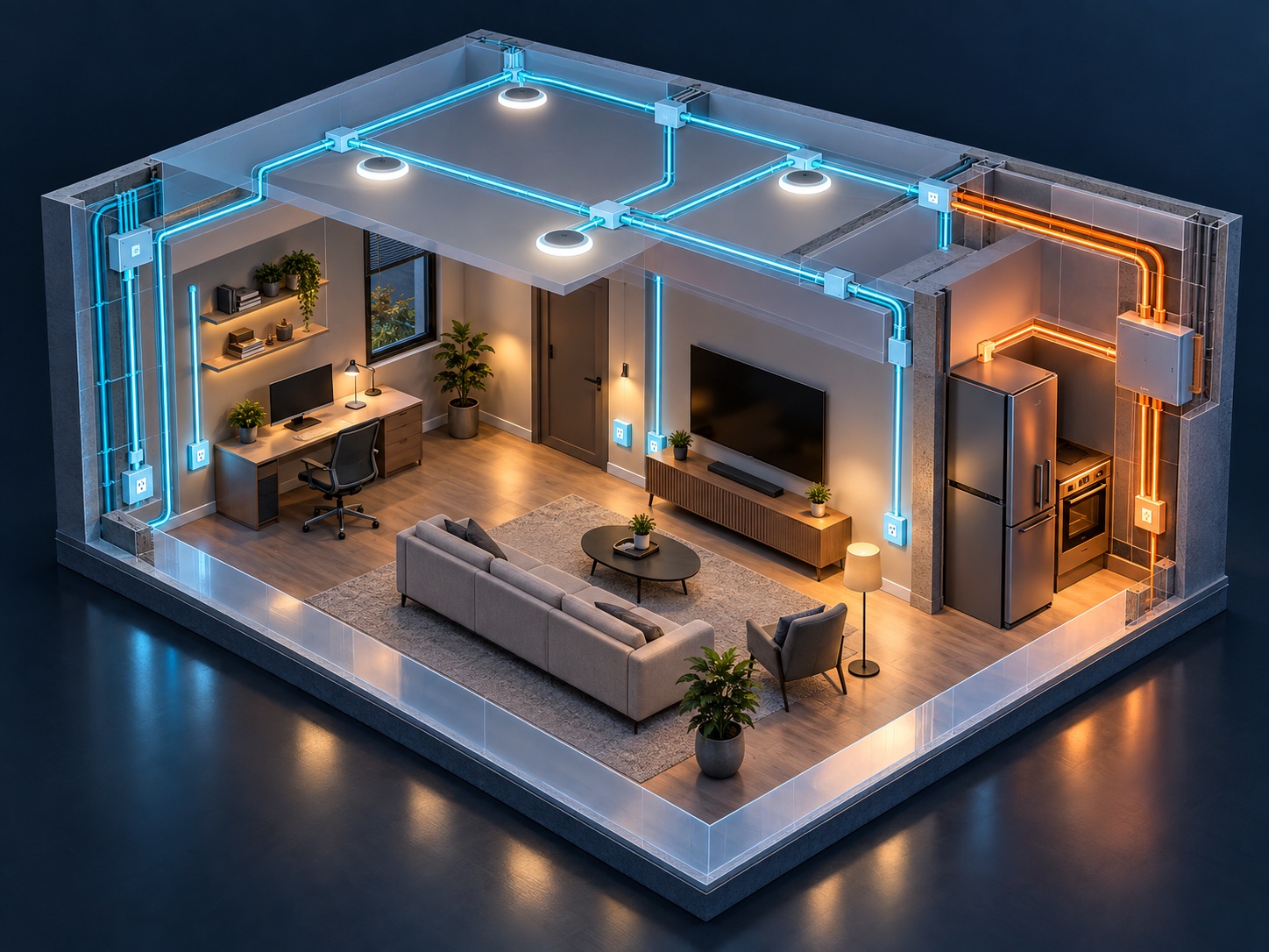 Ambiente em corte 3D com pontos e trajetos elétricos planejados